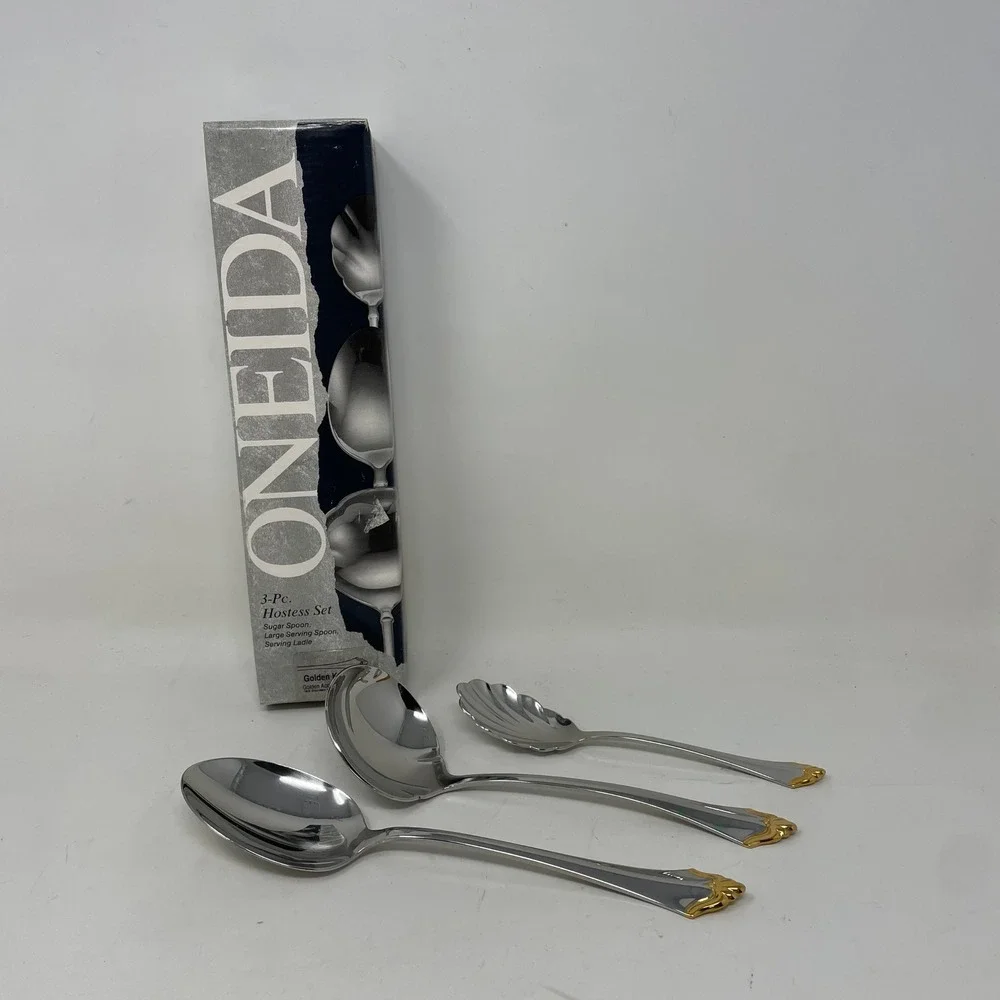 Oneida Golden Kenwood 3 Pc Hostess Set Stainless 24K Gold Accent Serving Spoons